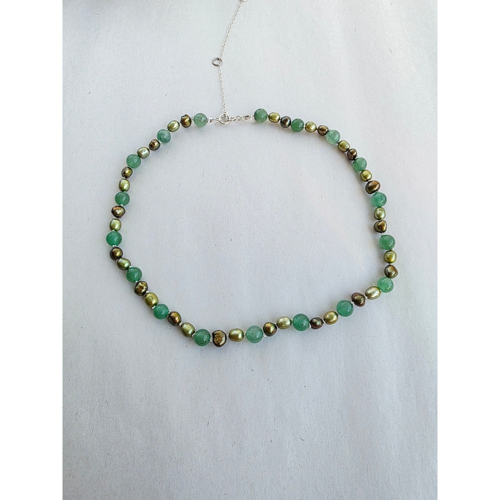 New Handmade Jade Aventurine Pearl Choker Necklace Sterling Silver 925 Green - Picture 3 of 6
